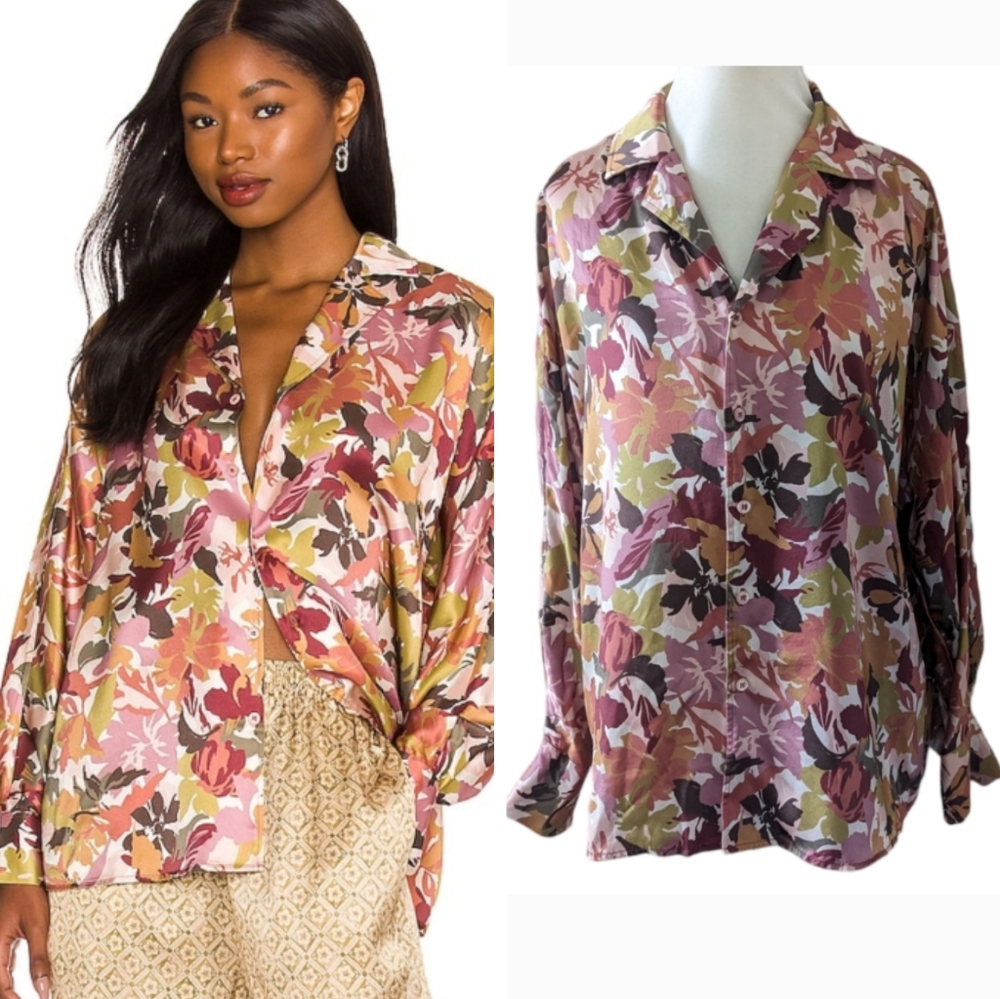 Revolve Tell Your Friends 100% Silk Top Small Camelia Dolman Button Down Satin